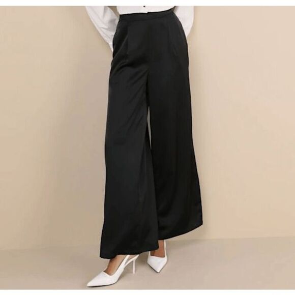Lulus Women's Stunning Chicness Black Satin High-Rise Wide-Leg Pants size Medium - Picture 1 of 9